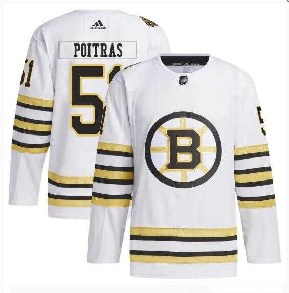 Mens Boston Bruins #51 Matthew Poitras White 100th Anniversary Stitched Jersey Dzhi